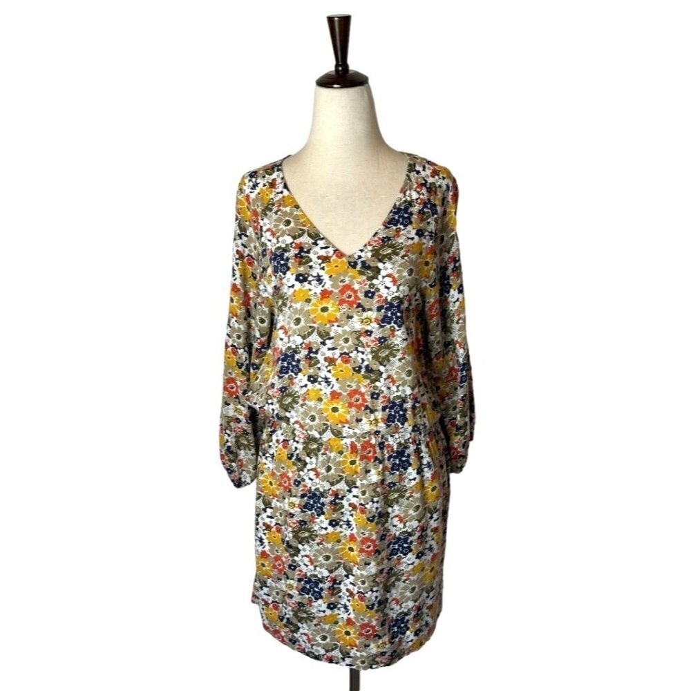 QMack Yellow Floral Print V Neck Elastic Waist Blouson Mini Dress Size XS